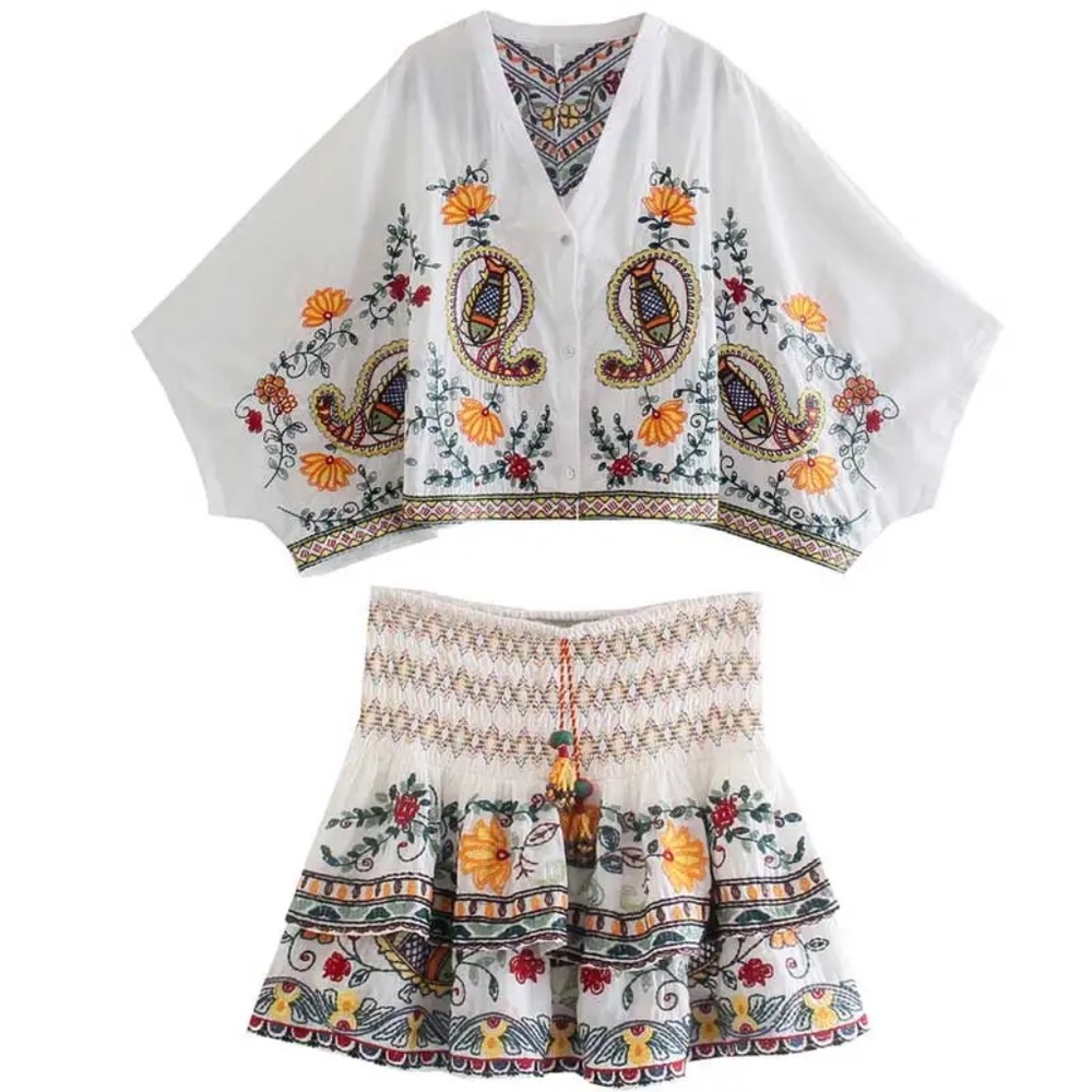 Boho Floral Embroidered Batwing Sleeve Blouse Ruffle Mini Skirt Set - Picture 6 of 14